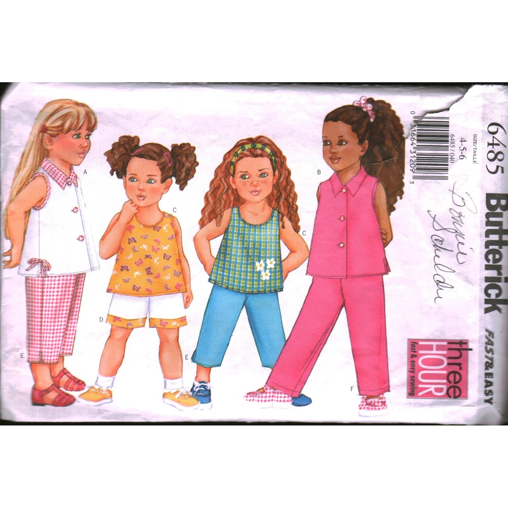 Butterick 6485 Kids Sewing Pattern Tops Shorts Pants Size 4-5-6 Fast Easy 3 Hour